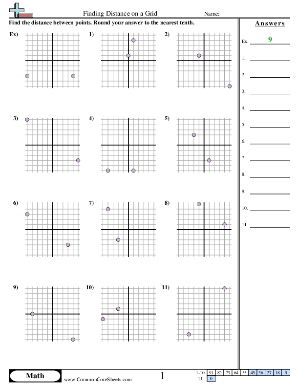 Finding Distance (Different X and Y) worksheet